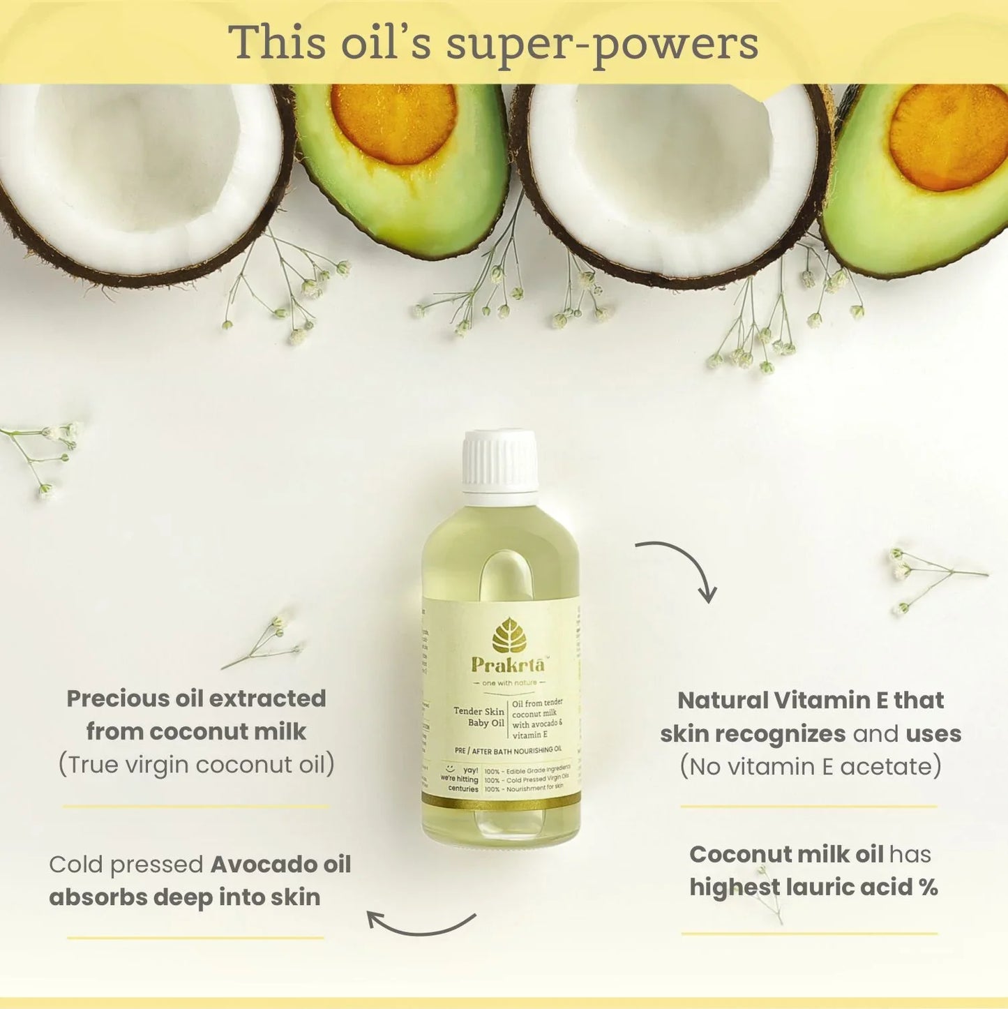 Tender Skin Baby Oil - edible coconut oil with vitamin E - Prakrta