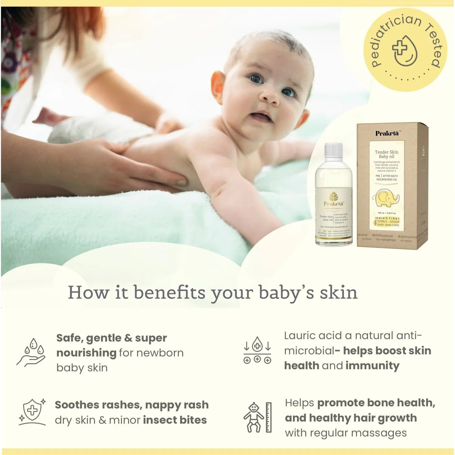 Tender Skin Baby Oil - edible coconut oil for baby massage - Prakrta