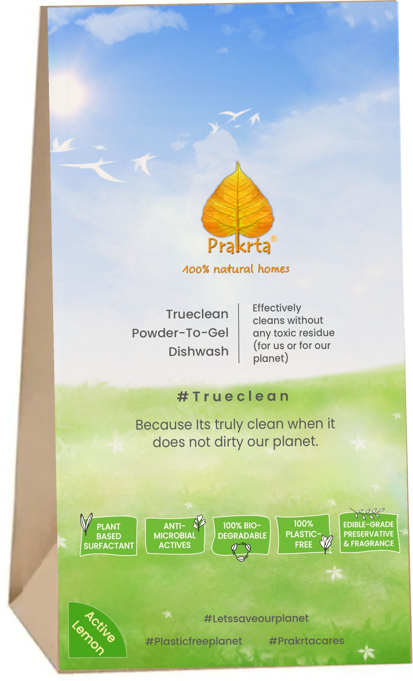 Trueclean Powder-To-Gel Lemon Dishwash | 100% Biodegradable & plastic-free | No Toxins | No Residue