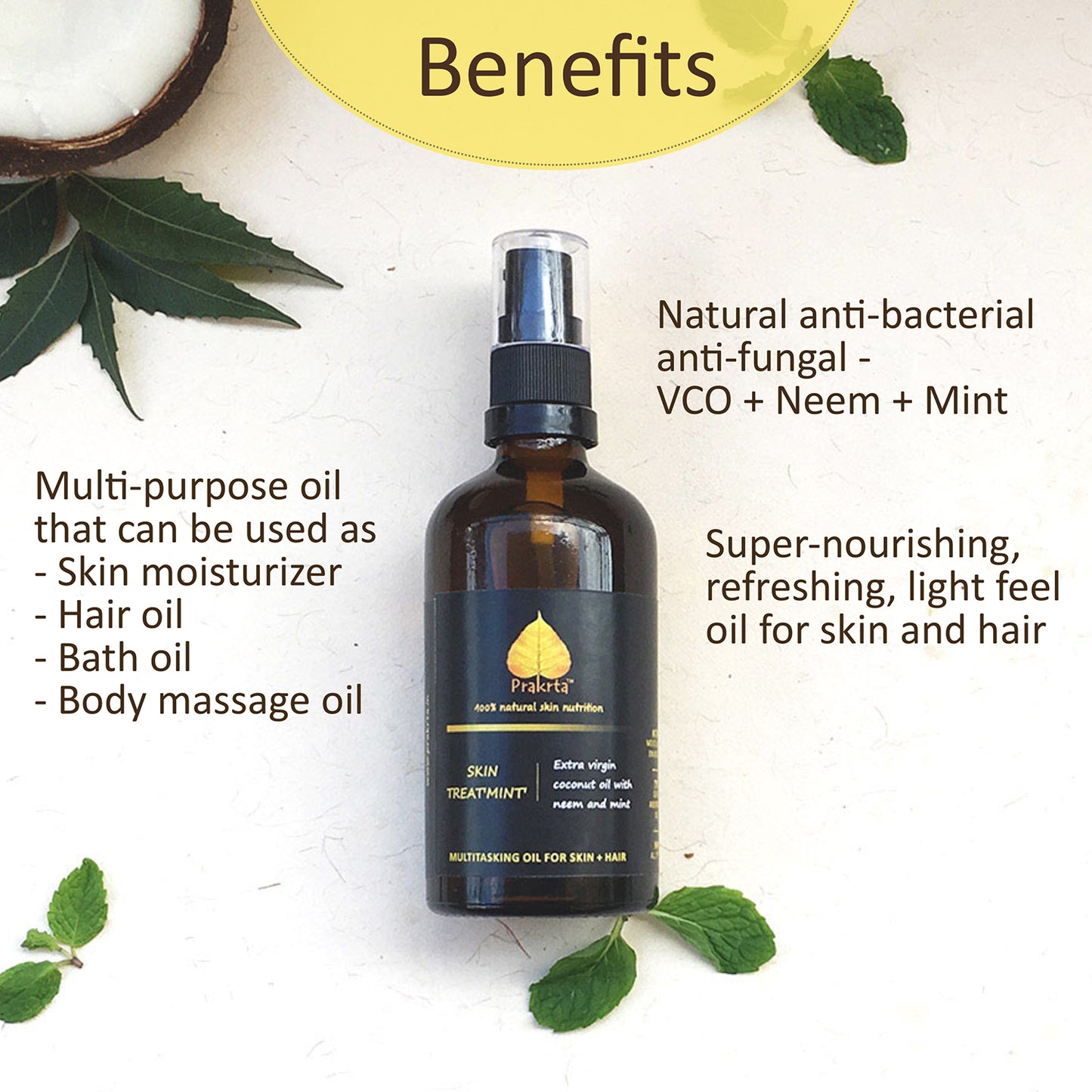 Skin Treat 'mint' Hair & Body Oil - Virgin coconut oil with neem & mint | 100% natural